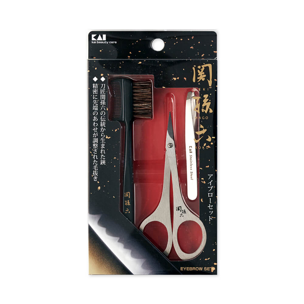 KAI Sekimagoroku Eyebrow Set, Comb Eyebrow Brush, Stylish Stainless Scissors and Eyebrow Tweezers in One Pack
