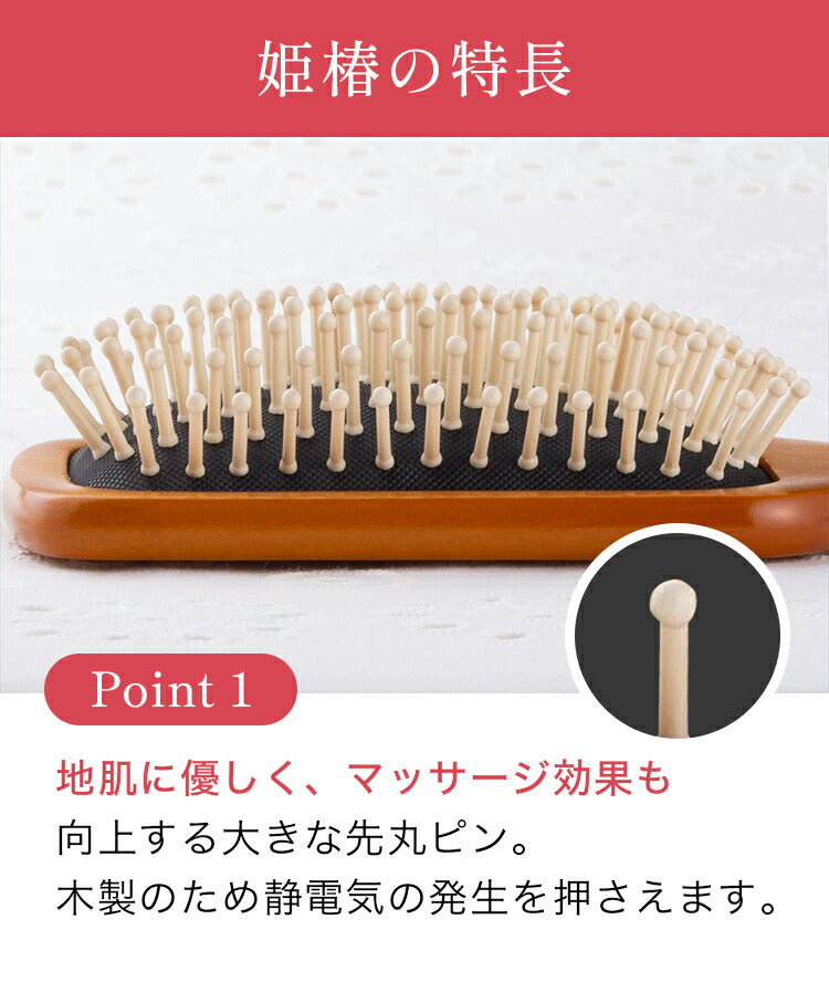 KAI Himetsubaki Wooden Paddle Hairbrush with Cleaning Brush Set, Natural Wood Pins and Handle with Natural Rubber Cushion, 240 mm, 113 g