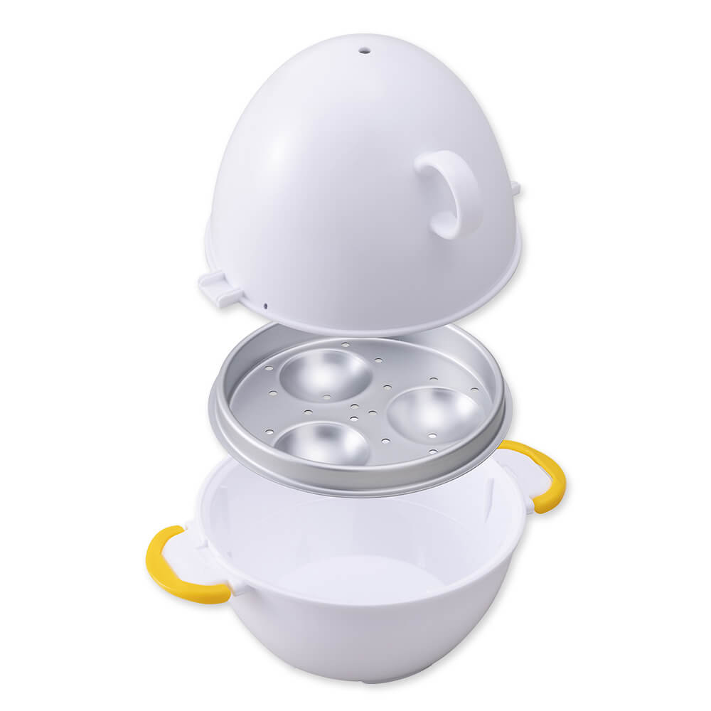 Microwave Egg Boiler, 153 x 129 x 137 mm, about 166 g, Polypropylene Lid and Container Max 120 C, Anodized Aluminum Tray, Water Line 110 ml