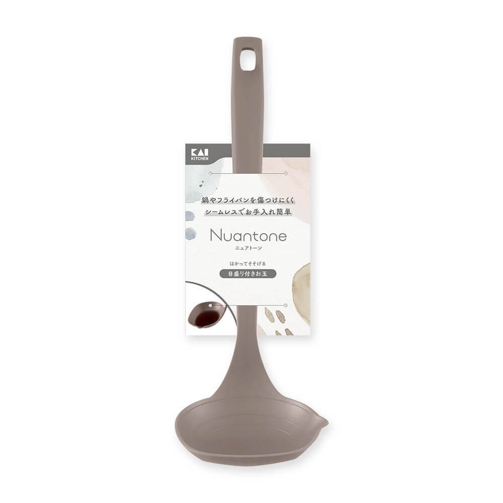 KAI Nuance Tone All-Nylon Ladle with Measurement Markings, Beige Gray, Nuance Tone All-Nylon Ladle with Measurement Markings, Beige Gray 270 x 95 x 63 mm, 47 g, Made in Japan, 27 x 9.5 x 6.3 cm and 47 g, Beige Gray
