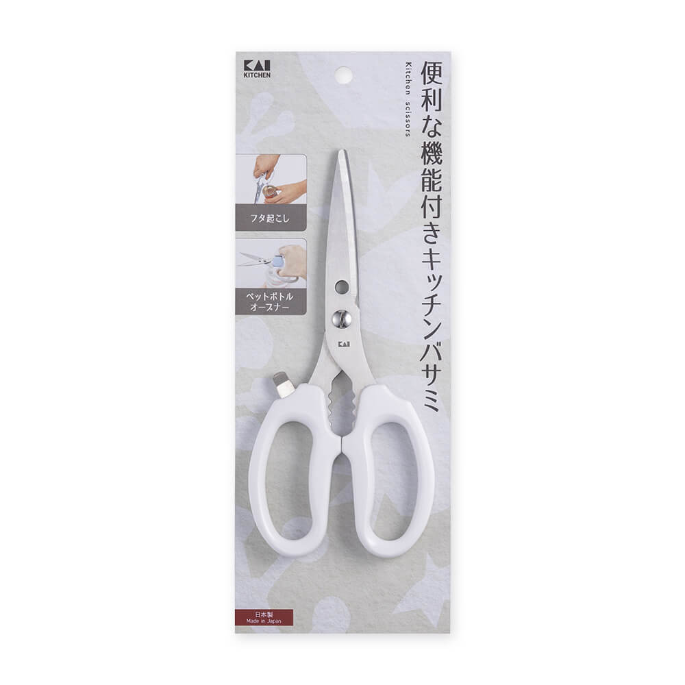 KAI Kitchen Scissors with Can Lid Lifter and Bottle Opener, Kitchen Scissors with Can Lid Lifter and Bottle Opener 190 x 85 x 10 mm, 100 g, Made in Japan, 19 x 8.5 x 1 cm and 100 g, Standard