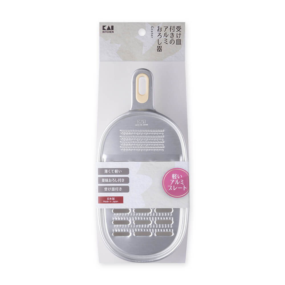 KAI Aluminum Grater with Dish, Aluminum Grater with Dish 210 x 100 x 40 mm, 91 g, Made in Japan, 21 x 10 x 4 cm and 91 g, Standard