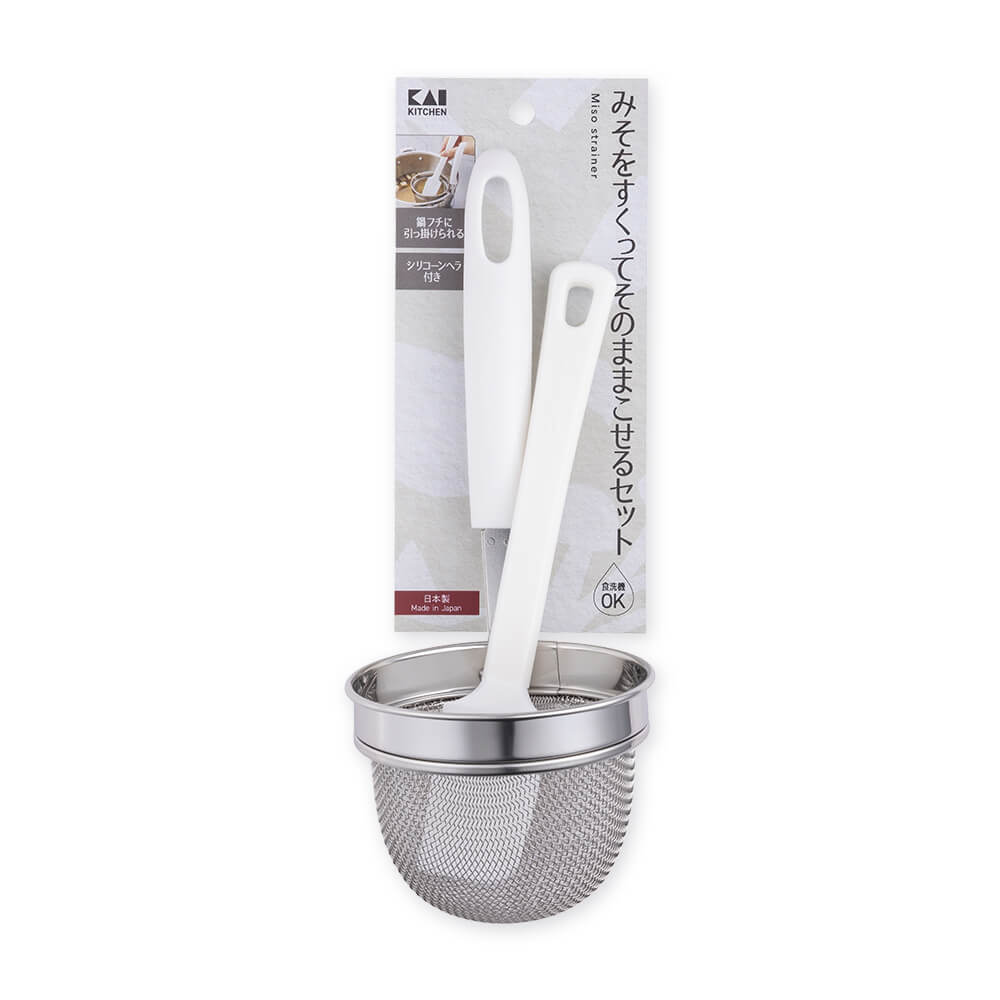 KAI Miso Strainer Set with Silicone Spatula, Miso Strainer Set with Silicone Spatula 220 x 92 x 155 mm, 113 g, Made in Japan, 22 x 9.2 x 15.5 cm and 113 g, Standard