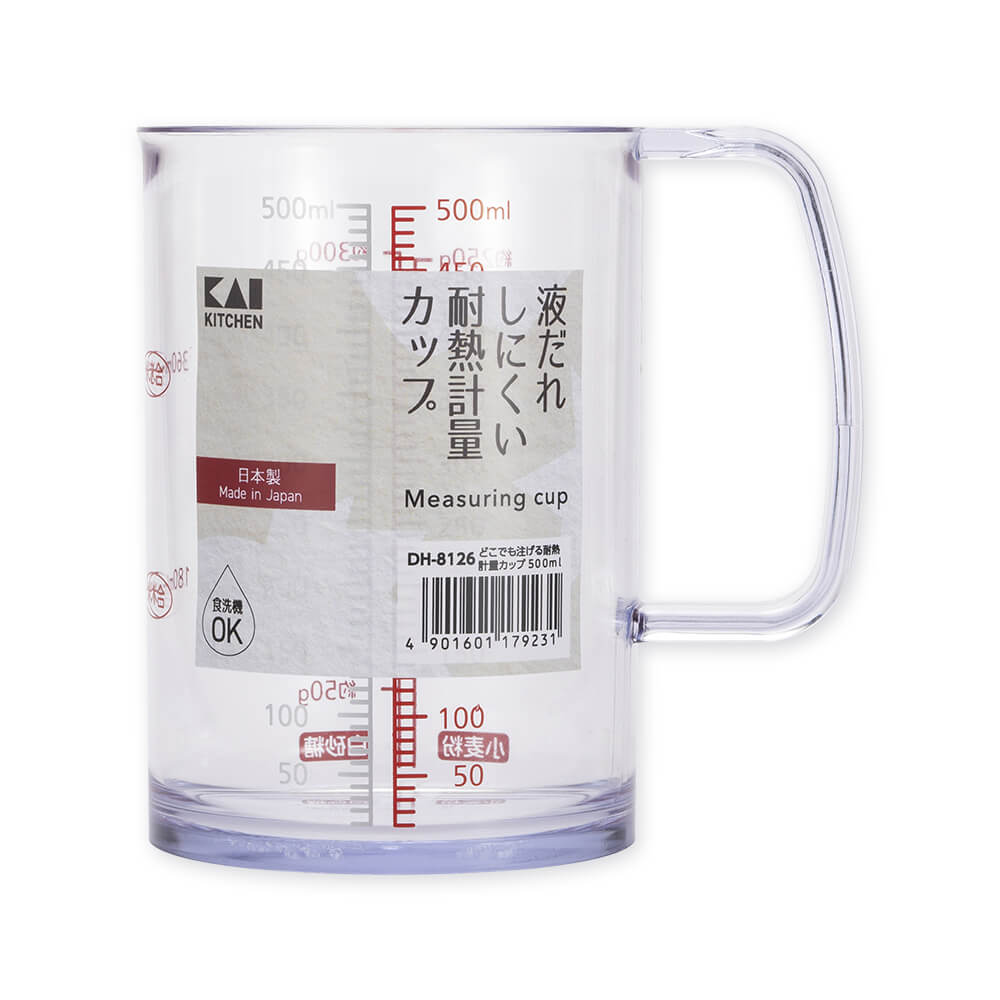 KAI Heat-Resistant Pour-Anywhere Measuring Cup 500ml, Heat-Resistant Pour-Anywhere Measuring Cup 500ml 122 x 85 x 120 mm, 101 g, Made in Japan, 12.2 x 8.5 x 12 cm and 101 g, Standard