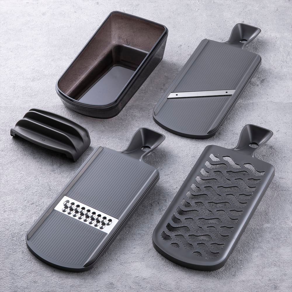 KAI Compact Food Preparation Set (Double-Edge Slicer, Julienne, Grater, Finger Guard, Compact Food Preparation Set (Double-Edge Slicer, Julienne, Grater, Finger Guard 240 x 94 x 74 mm, 326 g, Made in Japan, 24 x 9.4 x 7.4 cm and 326 g, Standard