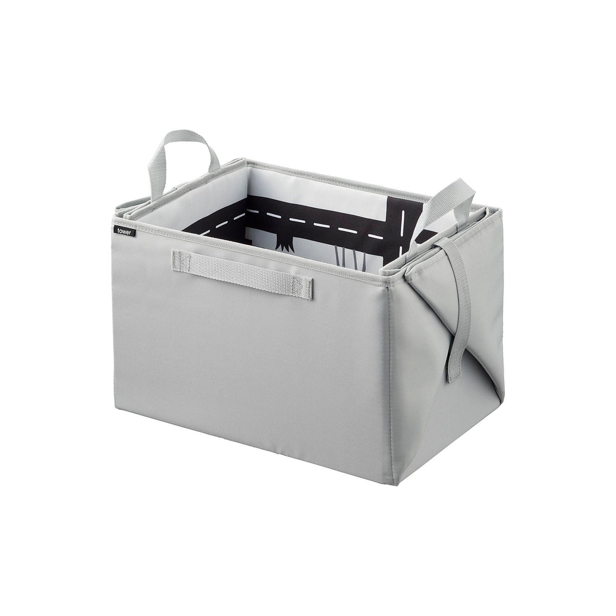 Yamazaki Tower Toy Storage Case that Opens into a Play Mat, Soft Toy Case that Opens Flat into a Printed Play Mat, Holds 3 kg, Case 42 x 28 x 25 cm; mat 89 x 76 x 0.5 cm and 735 g, Light Gray