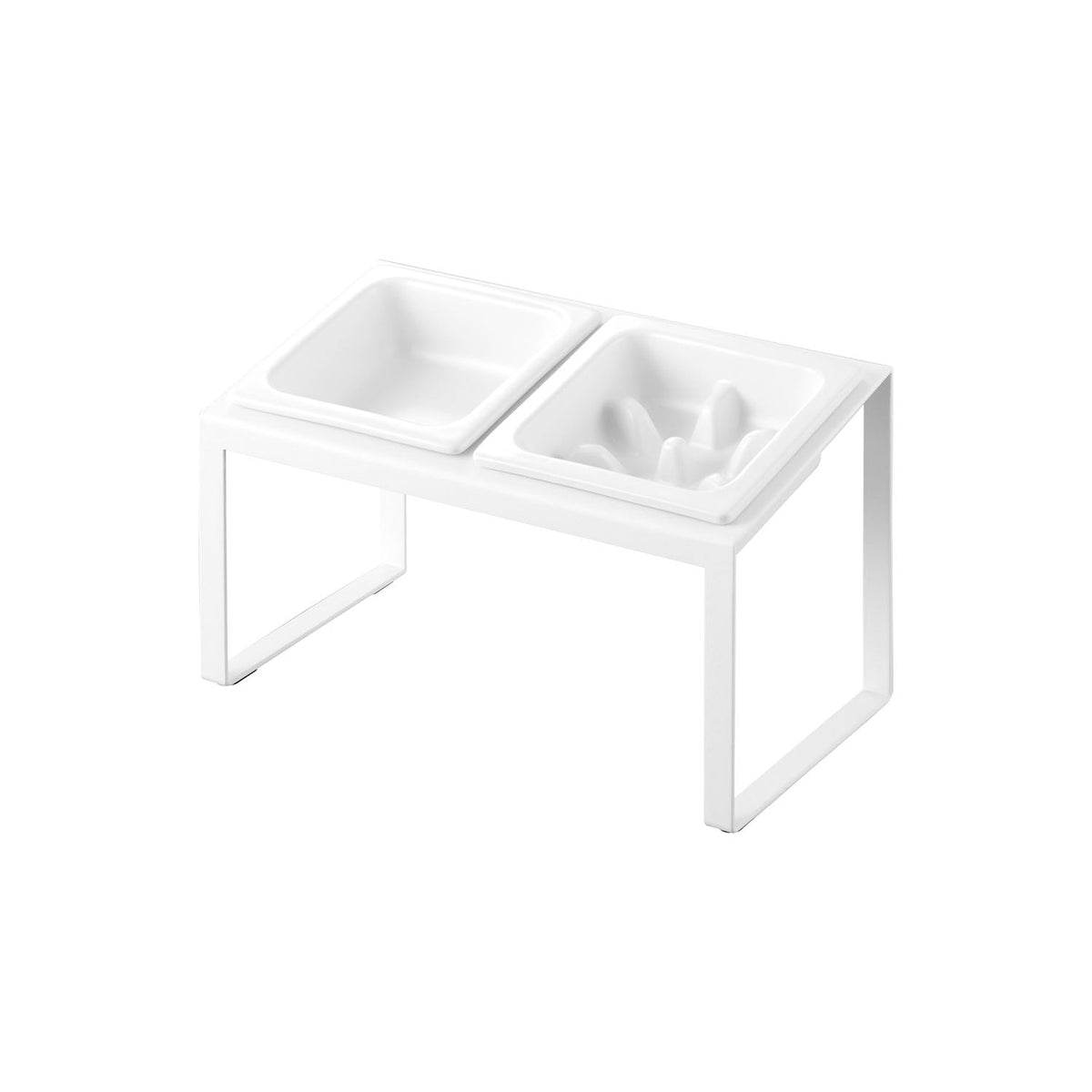 Yamazaki Nooks Slanted Slow-Feeder Pet Bowl Stand Set Nooks H17.6, Tall Slanted Stand With Two Ceramic Bowls, One Bumped to Slow Fast Eaters, Easy on Tall Pets, Plain Bowl 200 mL and Slow Bowl 180 mL, 29 x 15.5 x 17.6 cm and 1600 g, White or Black