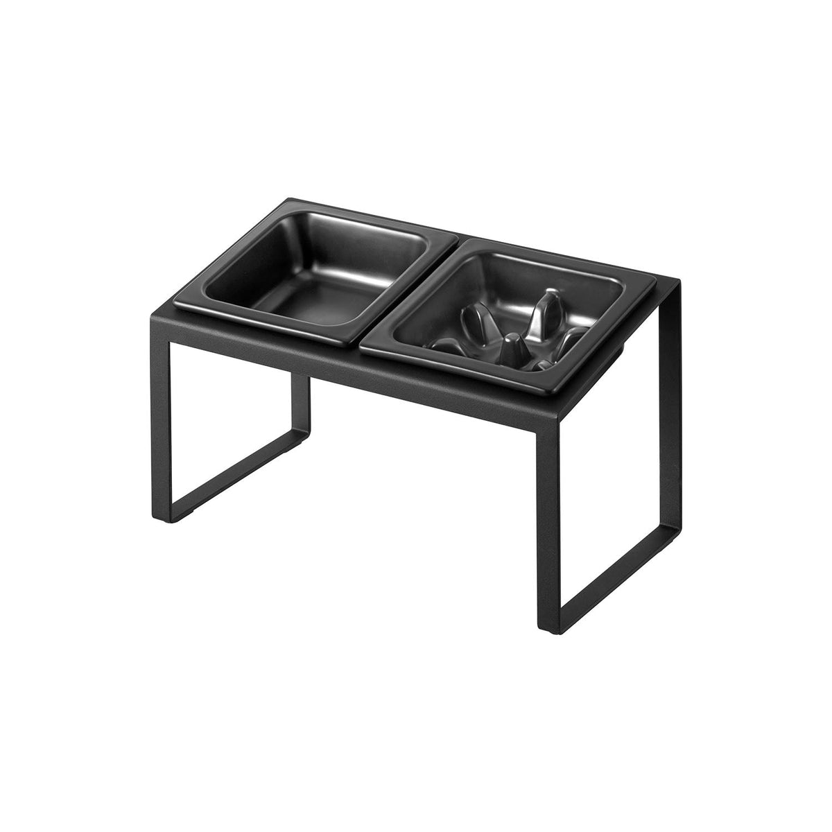 Yamazaki Nooks Slanted Slow-Feeder Pet Bowl Stand Set Nooks H17.6, Tall Slanted Stand With Two Ceramic Bowls, One Bumped to Slow Fast Eaters, Easy on Tall Pets, Plain Bowl 200 mL and Slow Bowl 180 mL, 29 x 15.5 x 17.6 cm and 1600 g, White or Black