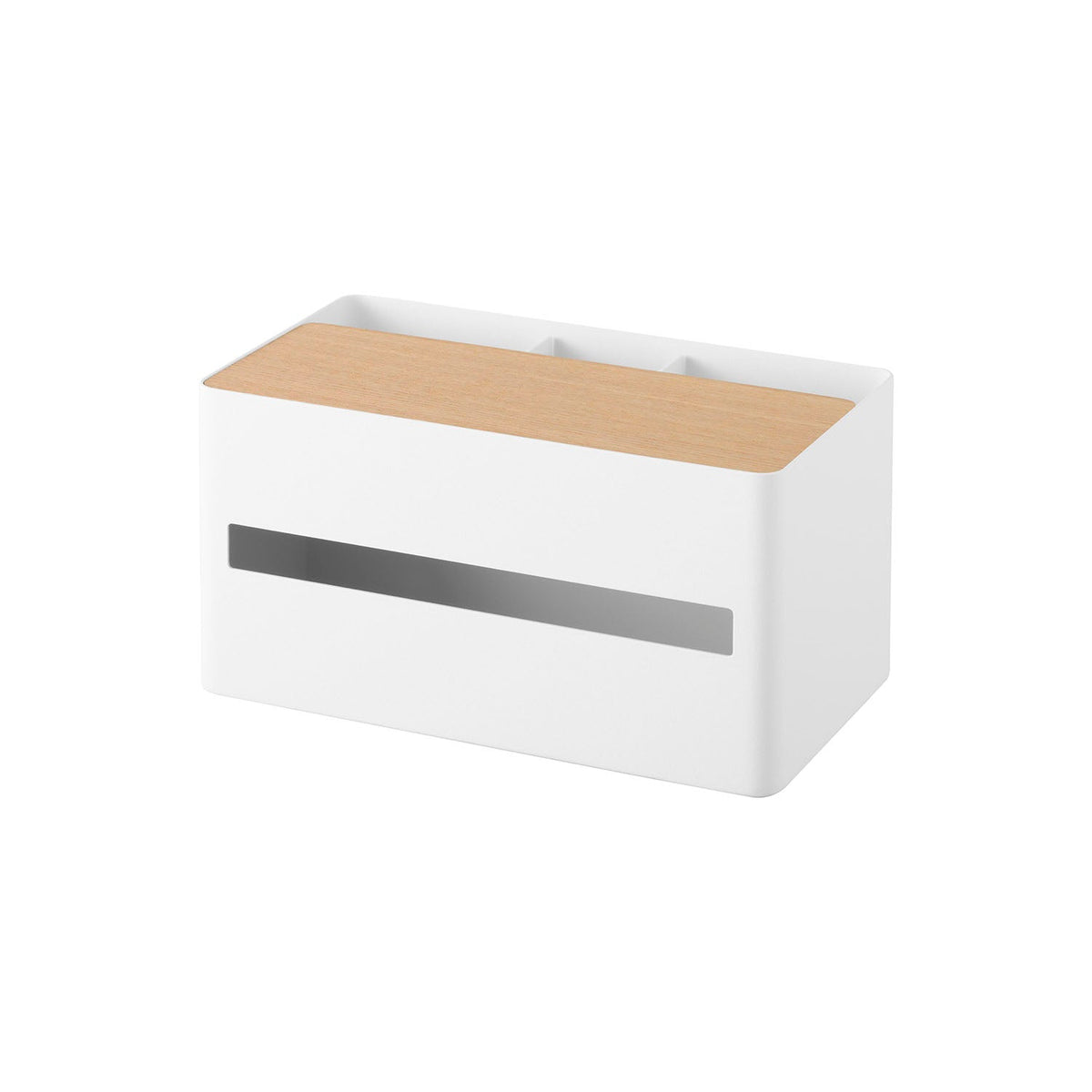 Yamazaki Rin Thick-Tissue Case with Remote Control Stand, Steel Case with a Wood Lid that Holds Thick Tissue and Stands Remote Controls Upright, 26 x 14.2 x 13.5 cm and 1925 g, Brown or Natural