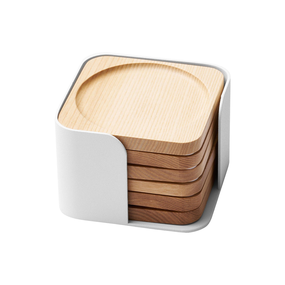 Yamazaki APTO Contour Coaster Set, Set of Six Natural Wood Coasters With a Recess That Holds the Cup and a Steel Tray, Wood and Steel Contrast Well on the Table, 10 cm Each, 10.6 x 10.6 x 7.2 cm and 700 g, Ash Wood