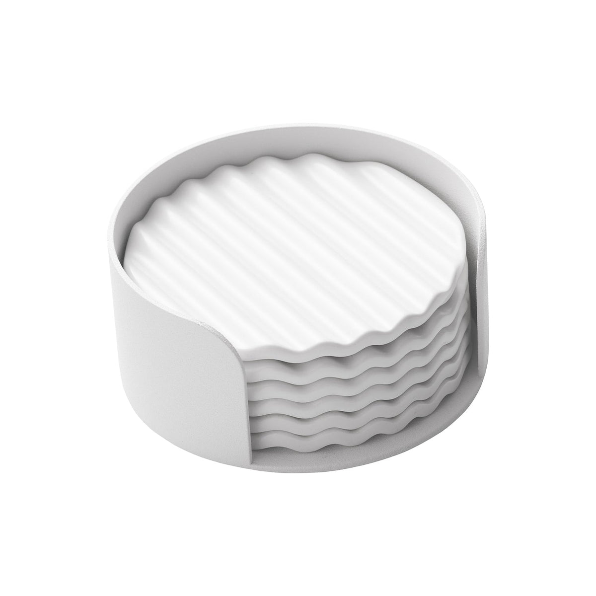 Yamazaki APTO Wave Ceramic Coaster Set, Set of Six Wave-Pattern Ceramic Coasters With a Steel Tray That Looks Good Just Set Down, Wave Shape Keeps Drops From Spilling, 9.6 cm Each, 10.2 x 10.2 x 4.7 cm and 750 g, White