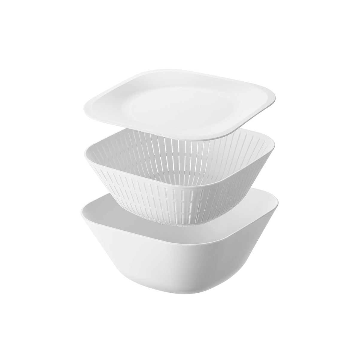 Yamazaki Tower Deep Square Bowl and Colander Set with Tray, 3 Pieces, Nesting Deep Bowl, Colander and Tray, Microwave and Dishwasher Safe, Bowl 23 x 23 x 10.4 cm; colander 22.3 x 22.3 x 9.2 cm; tray 23 x 23 x 1.6 cm and 580 g, White or Black