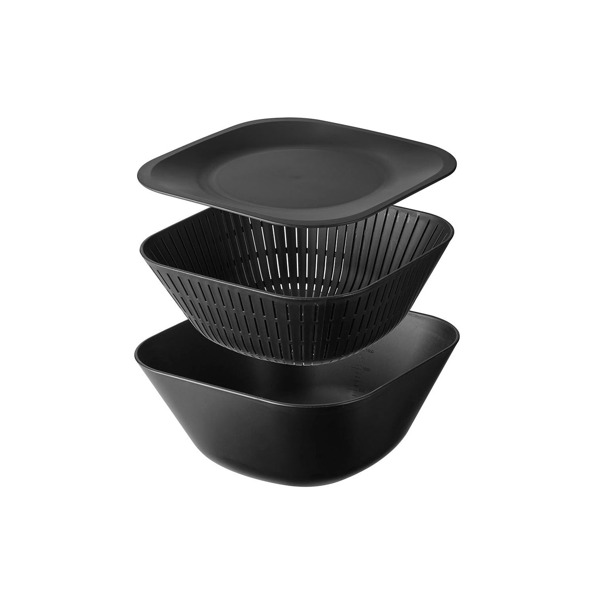 Yamazaki Tower Deep Square Bowl and Colander Set with Tray, 3 Pieces, Nesting Deep Bowl, Colander and Tray, Microwave and Dishwasher Safe, Bowl 23 x 23 x 10.4 cm; colander 22.3 x 22.3 x 9.2 cm; tray 23 x 23 x 1.6 cm and 580 g, White or Black