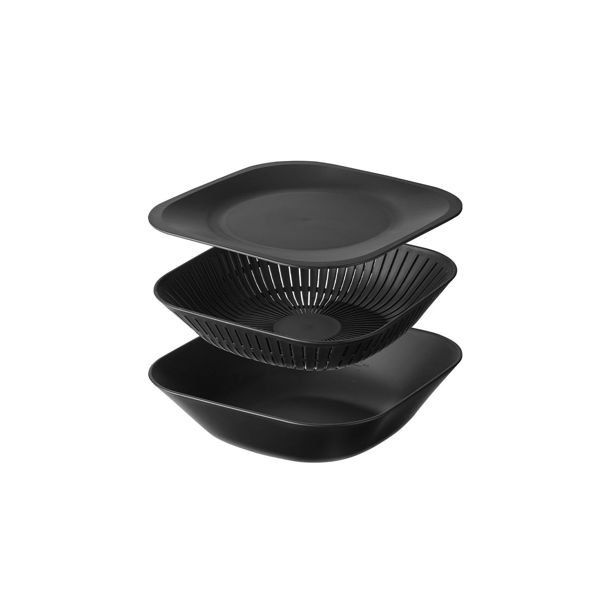 Yamazaki Tower Shallow Square Bowl, Colander and Tray Set of 3, Bowl, Colander and Tray Set for Washing, Draining and Prep, 2 L, Microwave Safe, Bowl 23 x 23 x 6.3 cm; colander 22 x 22 x 5.3 cm; tray 23 x 23 x 1.6 cm and 465 g, White or Black