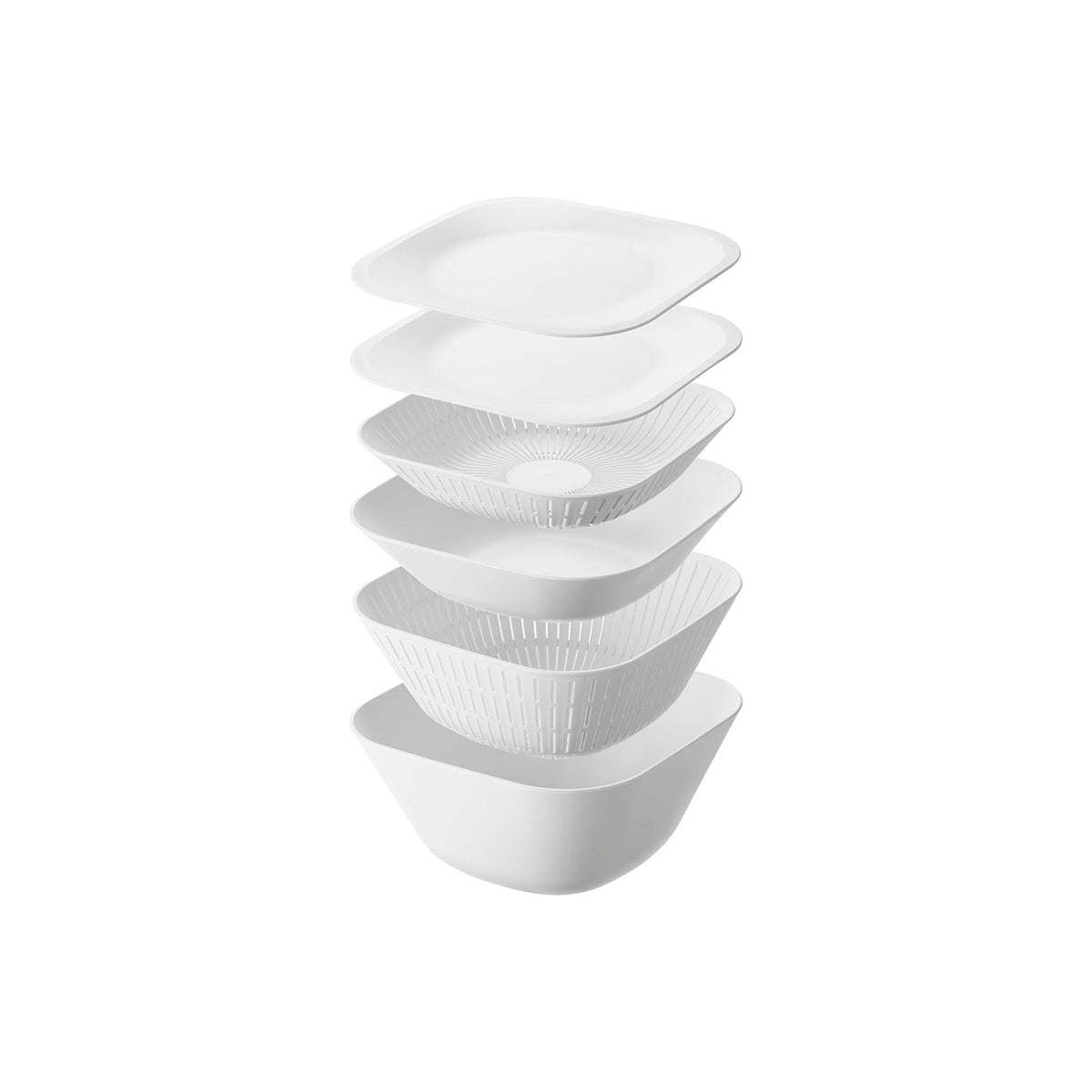 Yamazaki Tower Square Bowl and Colander Set with Trays, 6 Pieces, Six-Piece Square Bowl and Colander Set with Trays that Nest Together, 23 x 23 x 10.4 cm deep bowl; 22.3 x 22.3 x 9.2 cm deep colander and 1040 g, White or Black