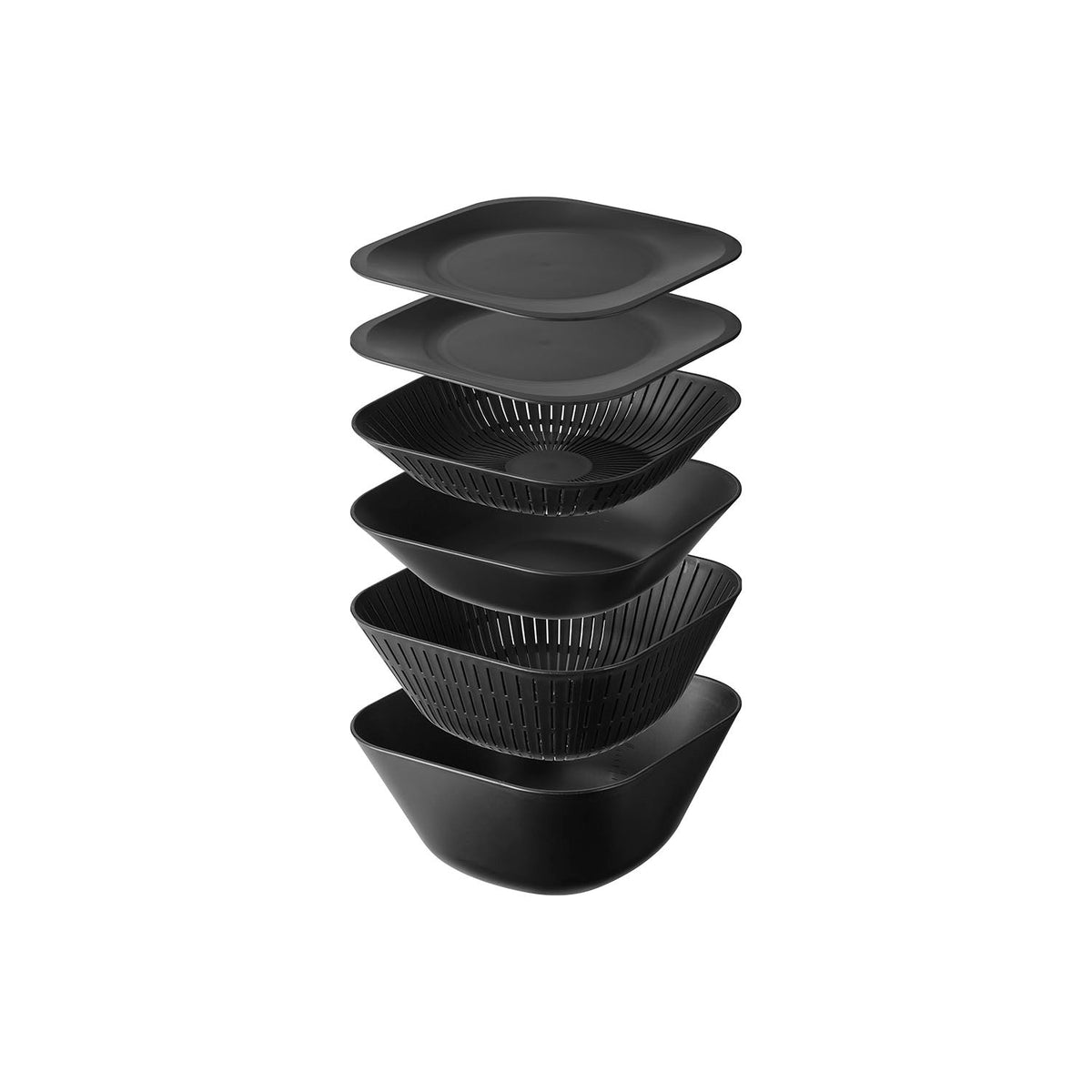 Yamazaki Tower Square Bowl and Colander Set with Trays, 6 Pieces, Six-Piece Square Bowl and Colander Set with Trays that Nest Together, 23 x 23 x 10.4 cm deep bowl; 22.3 x 22.3 x 9.2 cm deep colander and 1040 g, White or Black