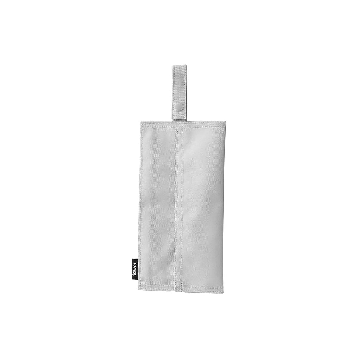 Yamazaki Tower Foldable Travel Tissue Case with Waste Pocket, Foldable Fabric Case for Soft-Pack Tissues up to 300 Sheets with a Waste Pocket, Hangs on a Bar up to 3.5 cm Across, 13 x 1 x 34.5 cm open; 13 x 2 x 20 cm folded and 55 g, Light Grey or Black