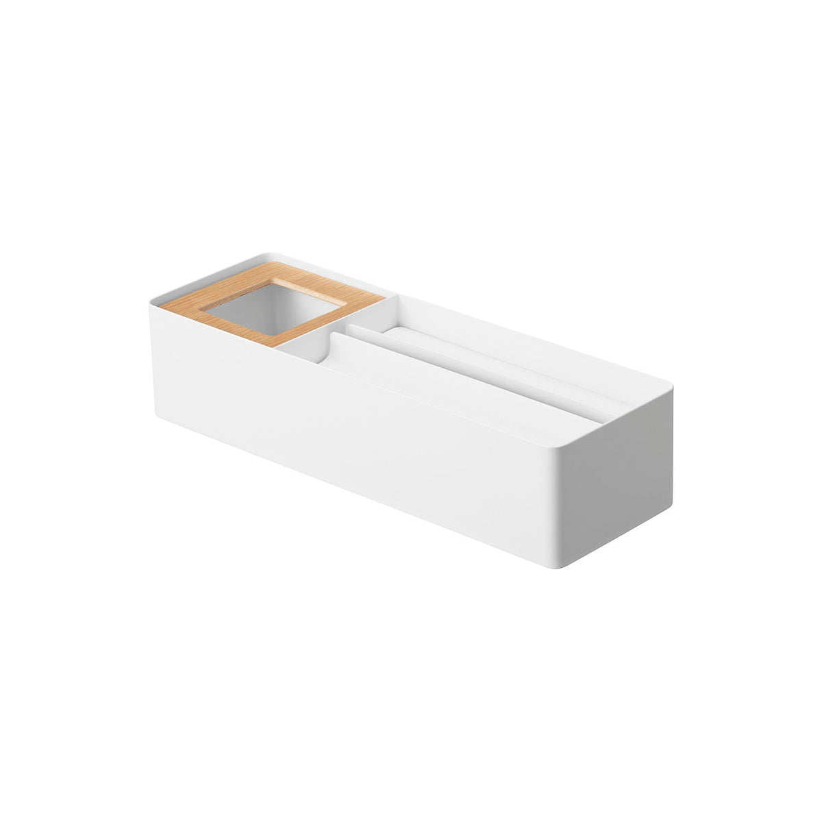 Yamazaki Tower Paper Towel and Dust Organizer with Wood Lid, Long Steel Box for Paper Towels or Tissue with a Built-In Dust Bin and Wood Lid, Body 39.5 x 13.1 x 11.2 cm; inner box 12.6 x 12.6 x 7.7 cm and 1850 g, White or Black