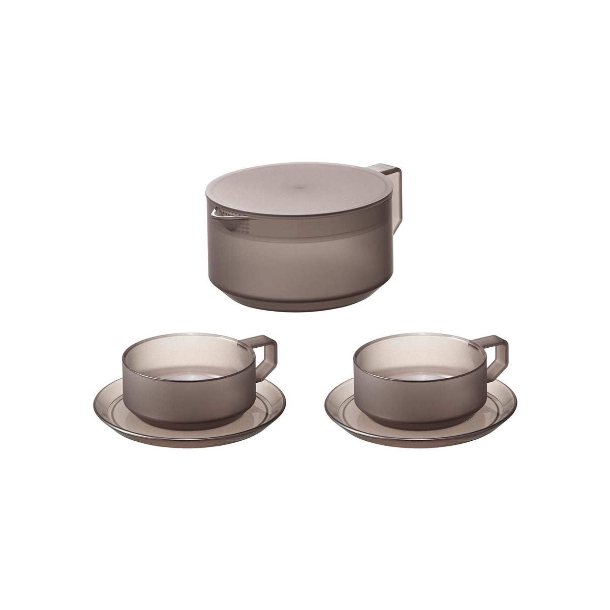 Yamazaki Tower Teapot 600 ml with Two Cups and Saucers, Shatter-Resistant 600 ml Teapot with Two Cups and Saucers, Strainer in the Lid, Pot 13.2 x 18 x 7.9 cm; cup 9.8 x 12.3 x 4.3 cm; saucer 14.3 x 14.3 x 1.2 cm and 455 g, White or Black