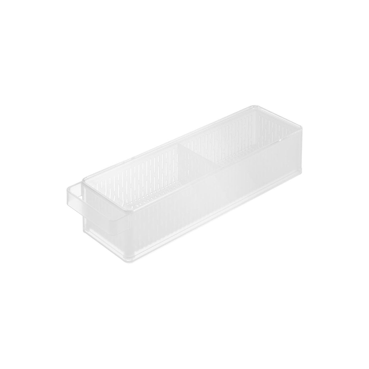 Yamazaki Tower Long Fridge Colander Bowl with Lid and Divider, Long Container with a Draining Colander, Lid and Divider for Fridge Storage of Vegetables and Fruit, Container 37.5 x 11 x 8.5 cm; colander 34 x 10 x 7.5 cm and 600 g, White or Black