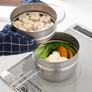 GraSUS Saucepan with Two Steamers 15 cm 2 Tiers, 15 cm Japan-Made Saucepan With Two Steamers and a Glass Lid for Steaming, Simmering and Boiling, Gas and Induction, Dishwasher Safe Pot, 29.5 x 16 x 22 cm and 1090 g, Stainless