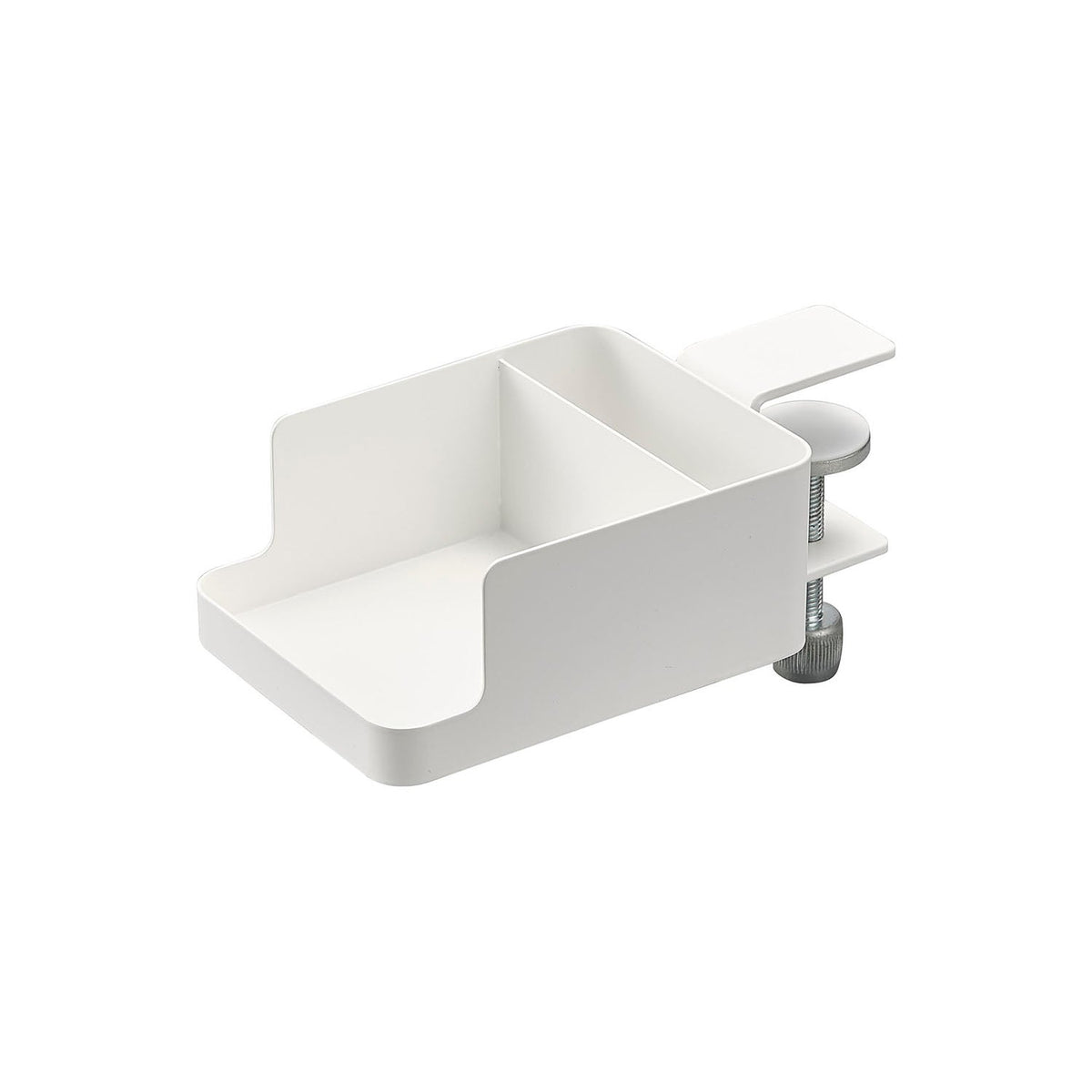 Yamazaki Tower Side-of-Table Smartphone and Cup Holder, Side-of-Table Holder That Clamps On With One Screw and Holds a Cup and a Charging Phone, Fits Tops 1.2 to 4 cm Thick, Holds 1.5 kg, 9 x 16.5 x 8.2 cm and 380 g, White or Black