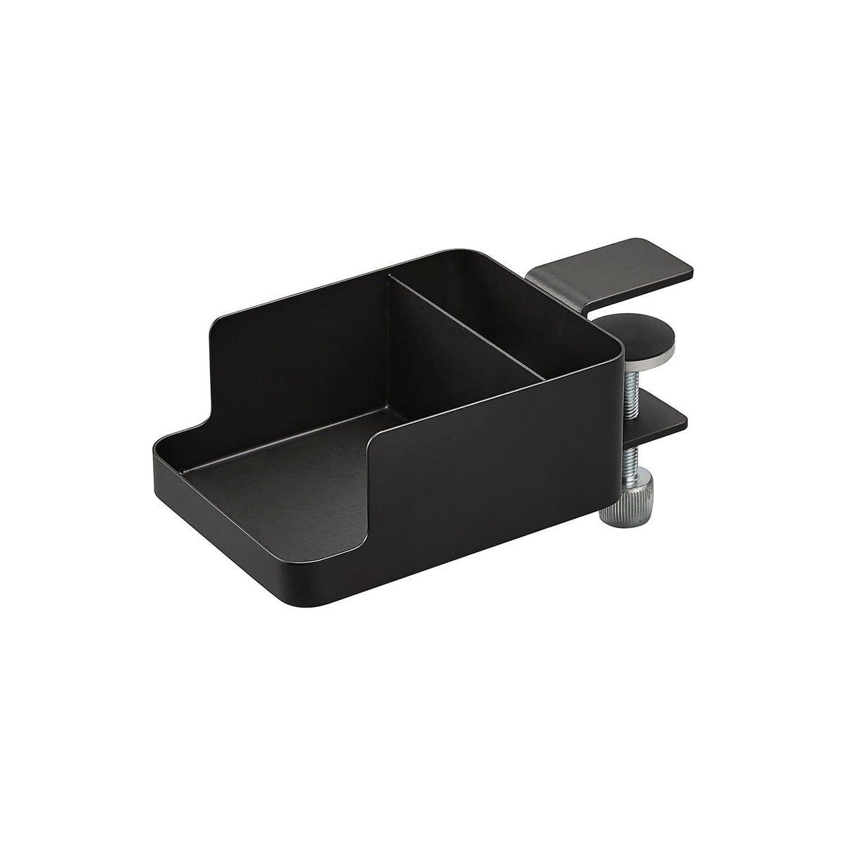 Yamazaki Tower Side-of-Table Smartphone and Cup Holder, Side-of-Table Holder That Clamps On With One Screw and Holds a Cup and a Charging Phone, Fits Tops 1.2 to 4 cm Thick, Holds 1.5 kg, 9 x 16.5 x 8.2 cm and 380 g, White or Black