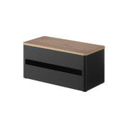 Yamazaki Rin One-Hand Cut Hidden Kitchen Paper Holder S, Paper Holder With a Wood Lid That Hides the Roll and Cuts With One Hand, Heavy Steel Stays Put, Rolls Up to 11 cm Across, 26.2 x 12.7 x 13.5 cm and 1450 g, Brown or Natural
