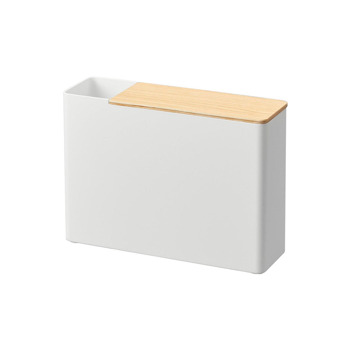 Yamazaki Rin Handy Wiper Stand with Spare Mop Storage, Slim Steel Stand with a Wood Lid for a Handy Wiper and Six Spare Mop Pads, 23.1 x 7.2 x 16.7 cm and 1050 g, Brown or Natural