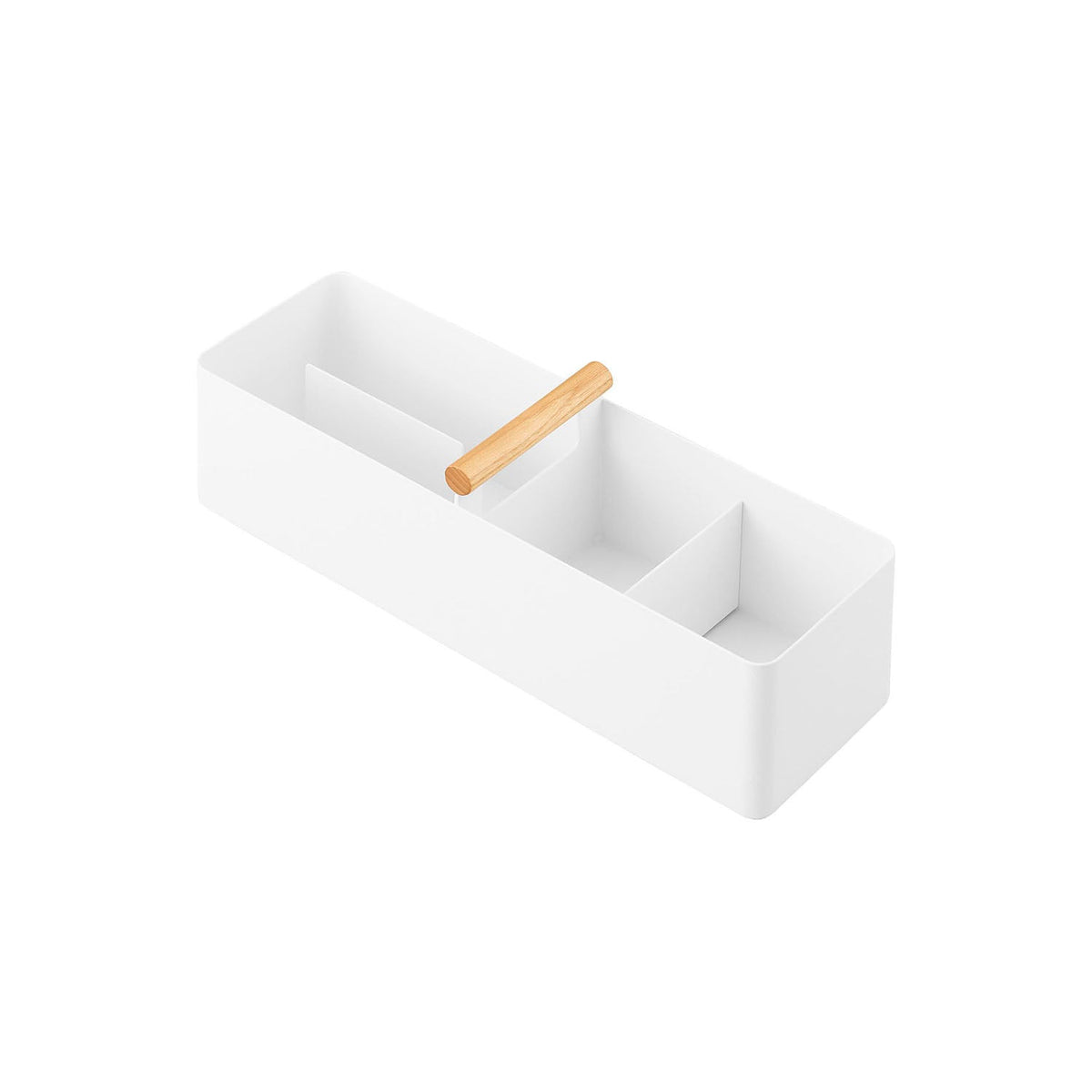 Yamazaki Tosca Slim Storage Box with Handle, Slim Steel Box With a Natural Wood Handle and a Free-Moving Magnetic Divider That Gathers Small Items, 32 cm Wide, 32 x 10 x 10.1 cm and 905 g, White