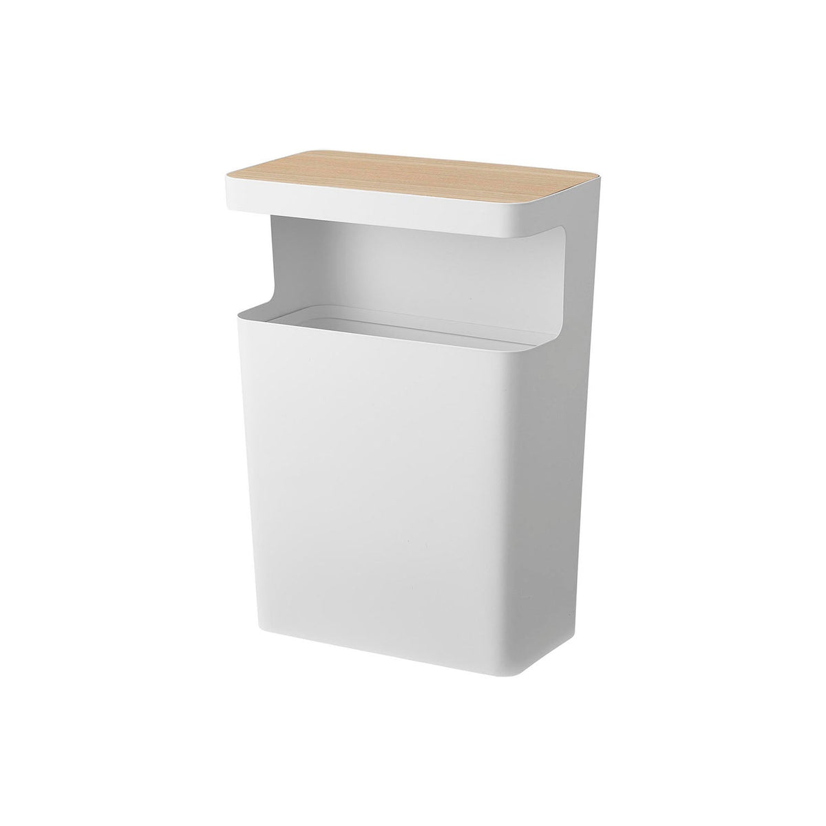 Yamazaki Rin Square Trash Can with Top, 10 L Square Trash Can With a Natural Wood Top Board That Hides the Inside and Holds Small Items, Wood and Steel Look, Holds 1 kg on Top, 31 x 17 x 42.5 cm and 2500 g, Brown or Natural