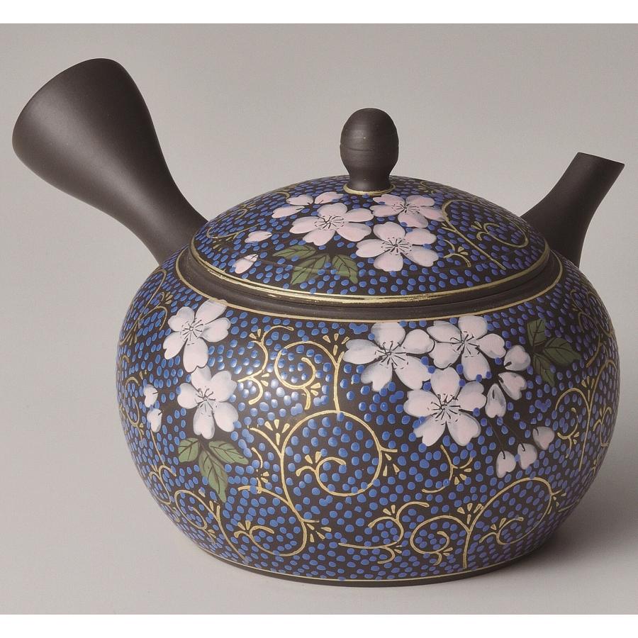 Tamamitsu Kakomori Blue Sakura Karakusa Tokoname Teapot With Ceramic Mesh