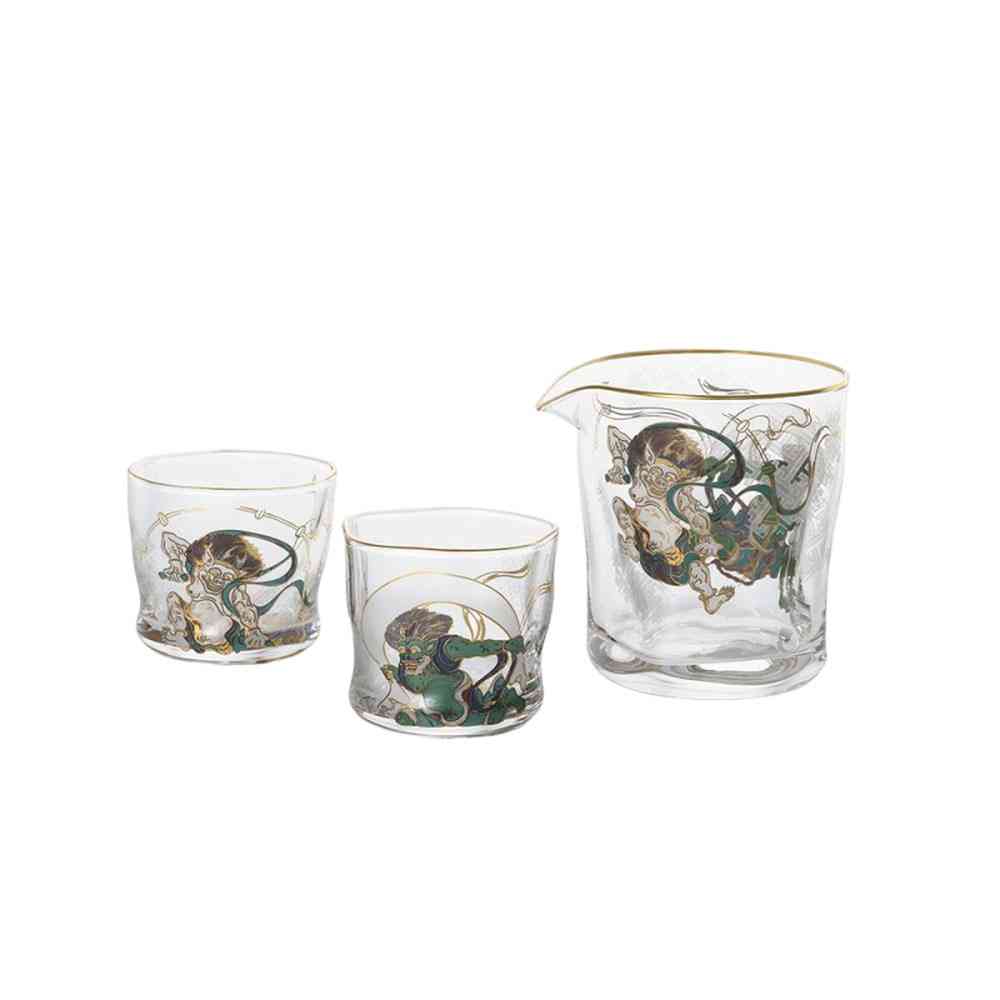 ADERIA Nippon Taste Fujin Raijin Glass Sake Set In A Wooden Box
