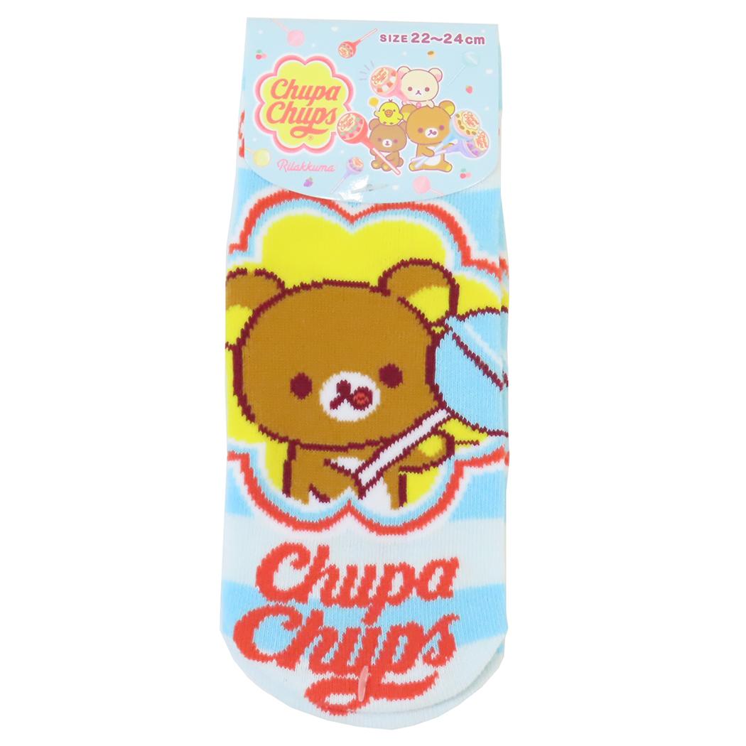 San-X Rilakkuma x Chupa Chups Ankle Socks, Light Blue Striped Cotton Blend, Women's 22-24 cm