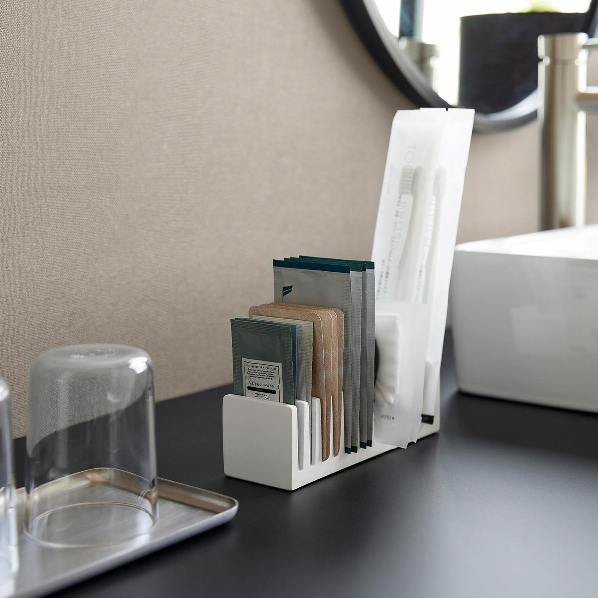 Yamazaki Tower Pouch and Amenity Stand, Vertical, Narrow Polystone Stand with Three Slot Depths that Stands Small Sachets and Amenities Upright by Thickness, 5 x 15.4 x 4.6 cm and 285 g, White or Black