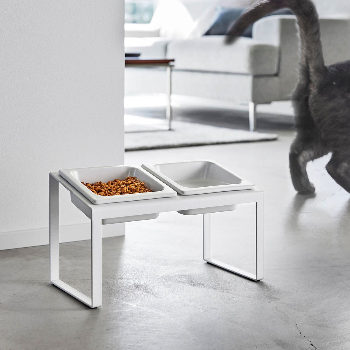 Yamazaki Nooks Slanted Pet Food Bowl Stand Set Nooks H17.6, Tall Slanted Stand With Two Ceramic Bowls That Eases Mealtime for Tall Pets, 200 mL Each in the Stand and 300 mL Flat, 29 x 15.5 x 17.6 cm and 1600 g, White or Black