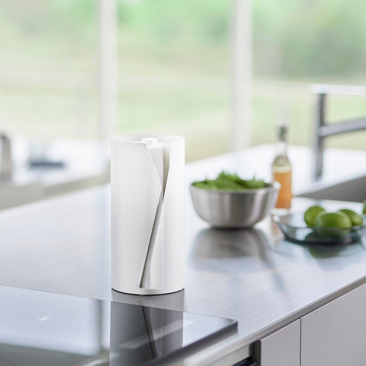 Yamazaki Tower Upright One-Hand Cut Kitchen Paper Holder, Upright Steel Holder that Hides a Kitchen Paper Roll and Cuts with One Hand, 12 x 12 x 24.7 cm and 1550 g, White or Black