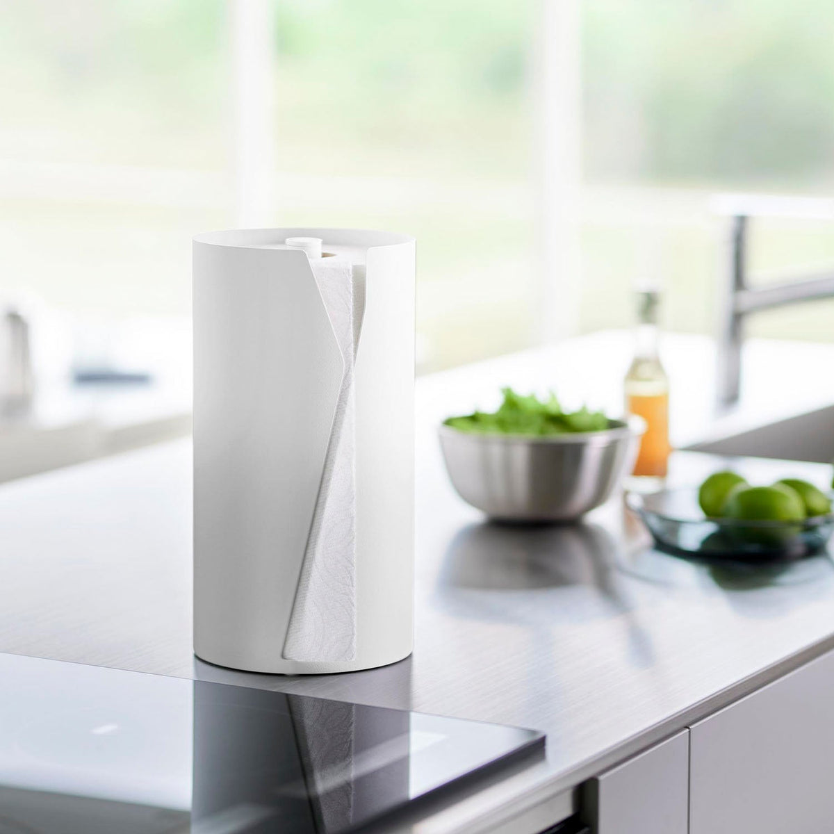 Yamazaki Tower Upright One-Hand Cut Kitchen Paper Holder, Large, Upright Steel Holder that Hides a Kitchen Paper Roll and Cuts with One Hand, 16 x 16 x 30.2 cm and 2200 g, White or Black