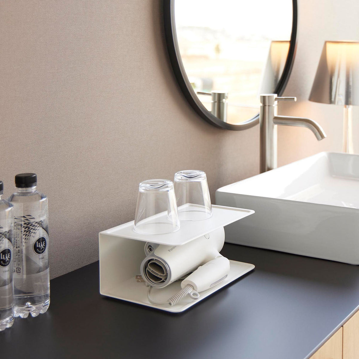Yamazaki Tower Two-Tier Amenity Rack, Two-Tier Steel Tray Rack for a Hair Dryer and Small Amenities, 25 x 16 x 11 cm and 1650 g, White or Black