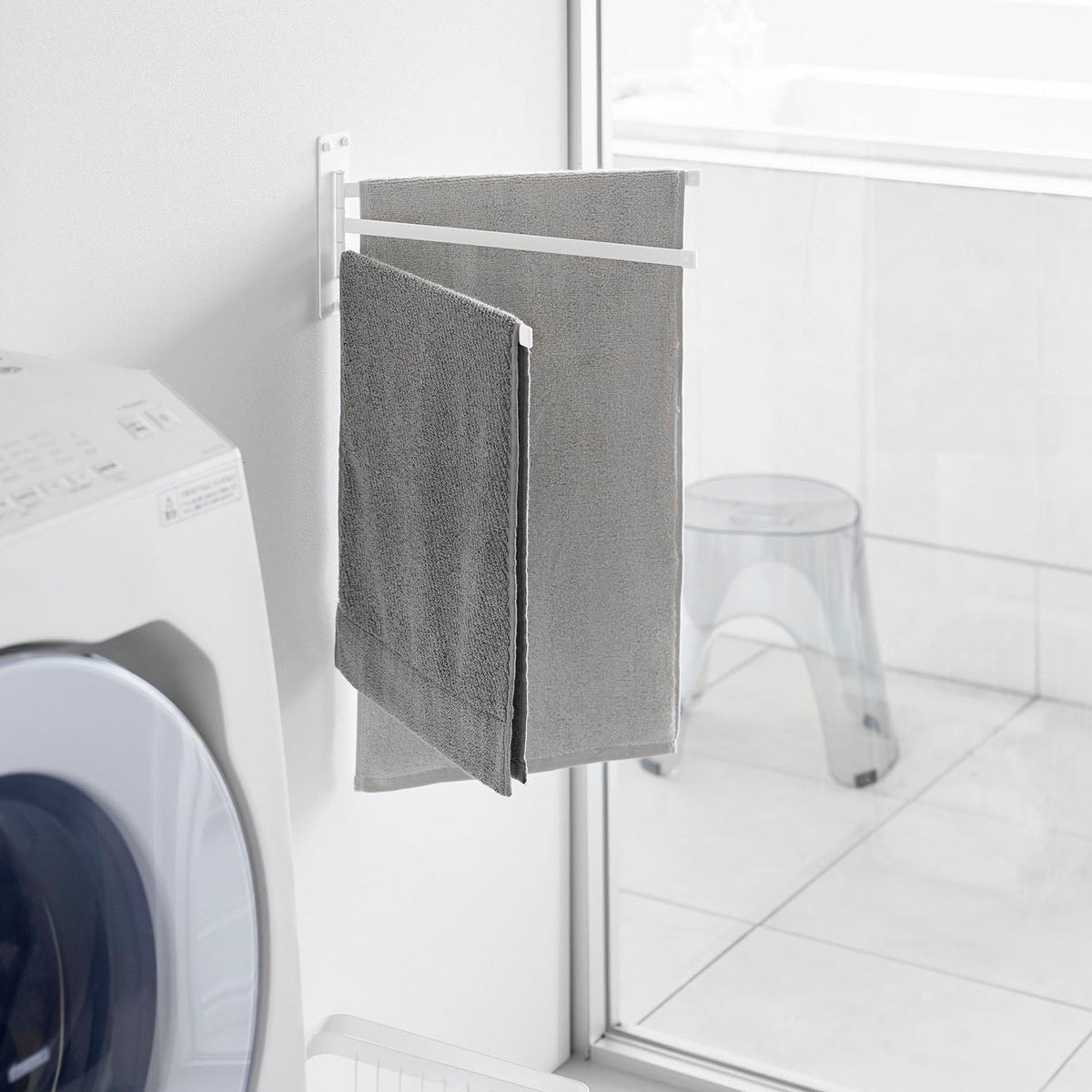 Yamazaki Tower Wall-Mounted Folding Towel Hanger, 3 Bars, Wall Plate with Three Swing-Out Towel Bars that Fold Flat to 1.5 cm, 45 x 1.5 x 18 cm; in use 5 to 85 x 1.5 to 43.5 x 18 cm and 515 g, White or Black