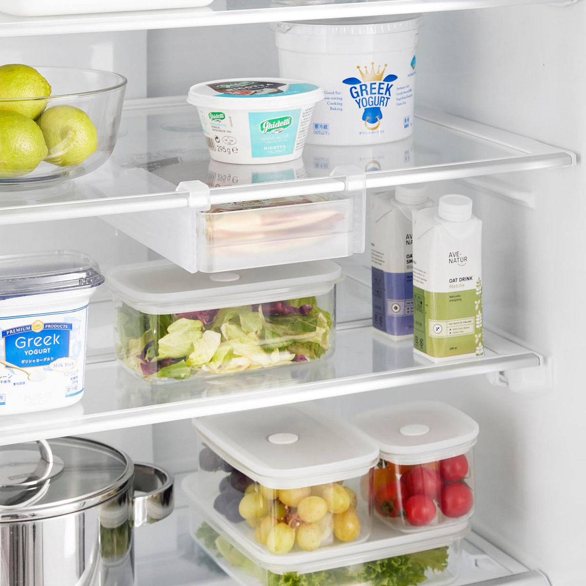 Yamazaki Tower Height-Adjustable Fridge Under-Shelf Rack S, Pull-Out Drawer Rack That Suckers Under a Fridge Glass or Plastic Shelf, Seven Height Settings, with Drop-Prevention Drawer, 14.5 x 34.4 x 6.5 cm and 450 g, White or Black