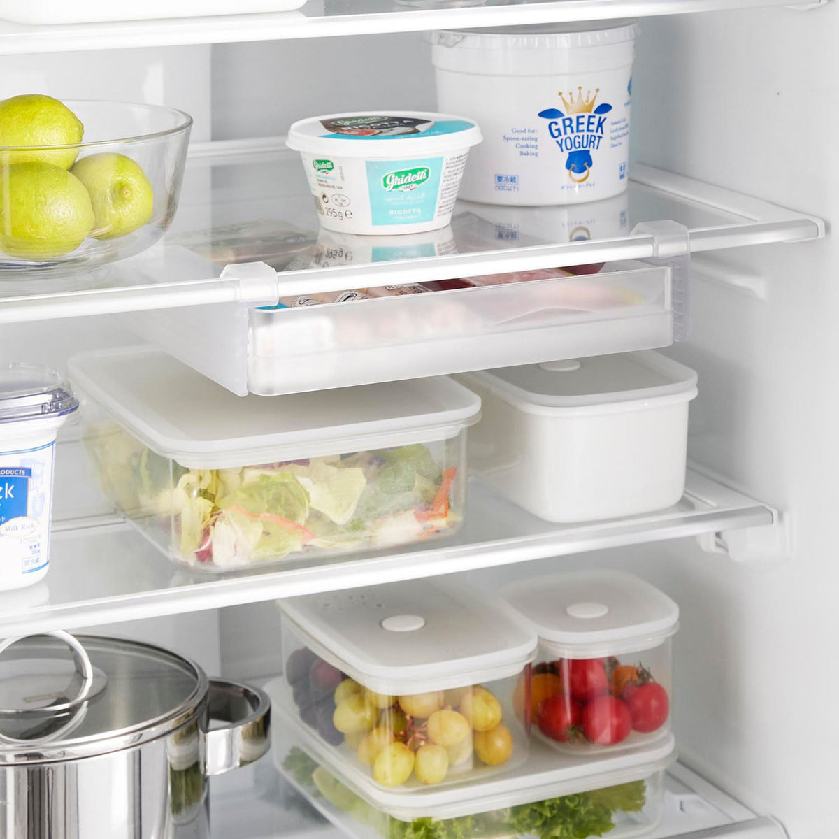 Yamazaki Tower Height-Adjustable Under-Shelf Rack for Fridges, Large, Wide Rack that Suctions Under a Fridge Shelf and Adjusts Through Seven Heights, 26.5 x 34.4 x 6.5 cm and 660 g, White or Black