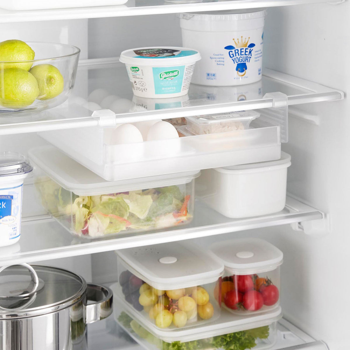 Yamazaki Tower Height-Adjustable Under-Shelf Egg Rack for Fridges, Large, Wide Egg Rack that Suctions Under a Fridge Shelf and Adjusts Through Seven Heights, 26.5 x 34.4 x 6.5 cm and 735 g, White or Black
