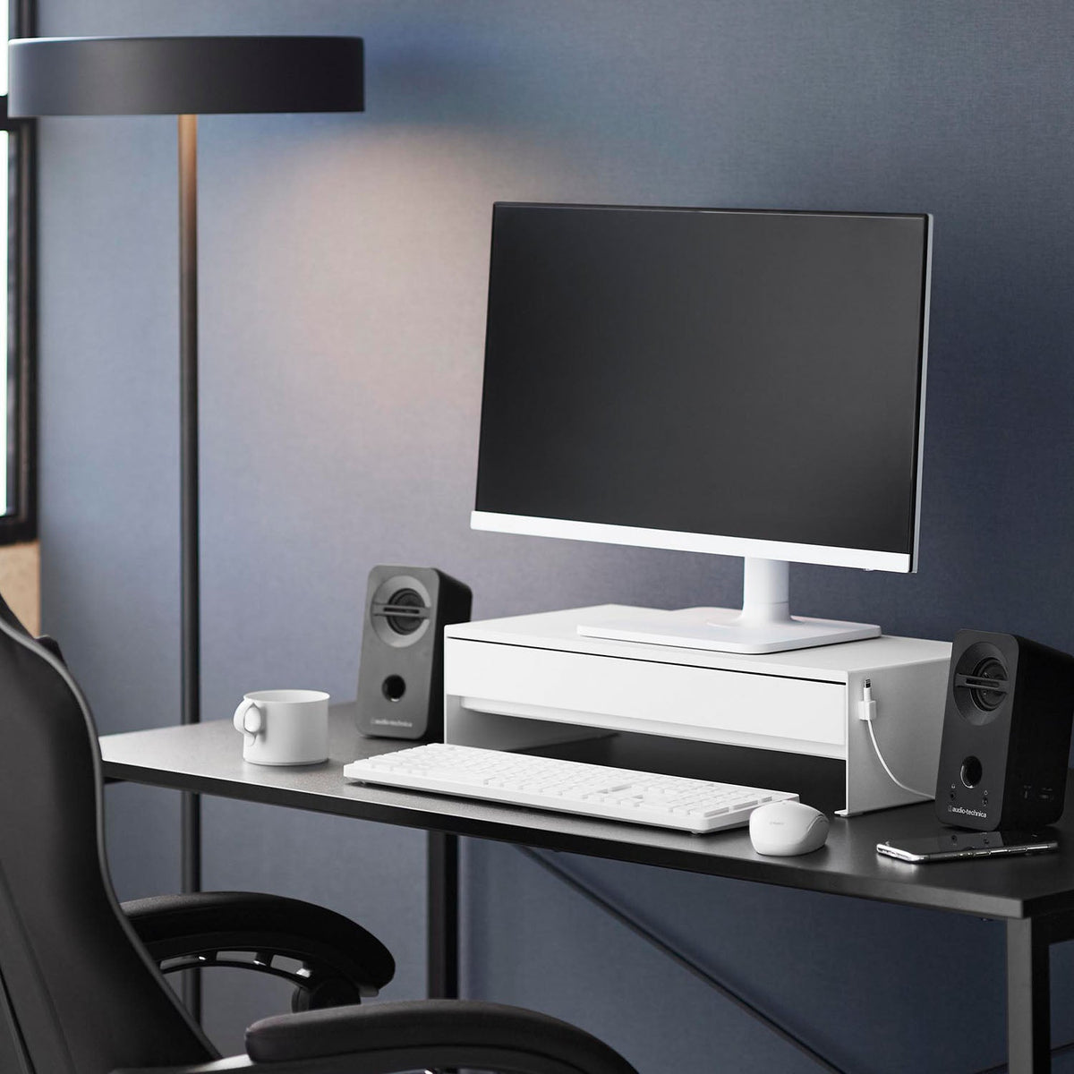 Yamazaki Tower Monitor Stand with Drawer, Wide Steel Stand for a Monitor with a Deep Drawer for Small Desk Items and Game Controllers, 50 x 24 to 41 x 12.8 cm and 4780 g, White or Black