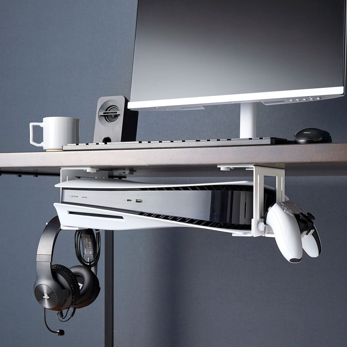 Yamazaki Smart Under-Desk Game Console Holder, Pair of Holders That Float a Game Console Under the Desk and Clamp Different Sizes Between Them, Holds 5 kg Each, Desks 1.5 cm Thick or More, 7 x 16.5 x 12 cm each and 820 g, White or Black