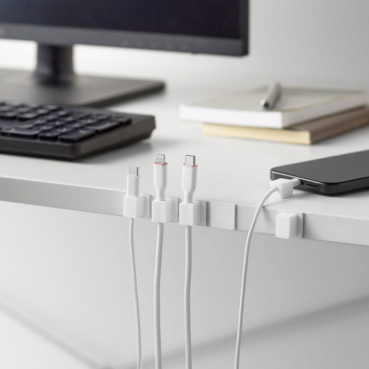 Yamazaki Smart Magnetic Cable Holder Set of 5, Set of five Magnetic Cable Holders that Snap onto Tape-On Steel Bases, 4 mm Inner Diameter, 75 g Each, 2 x 1.4 x 2 cm each and 10 g, White or Black