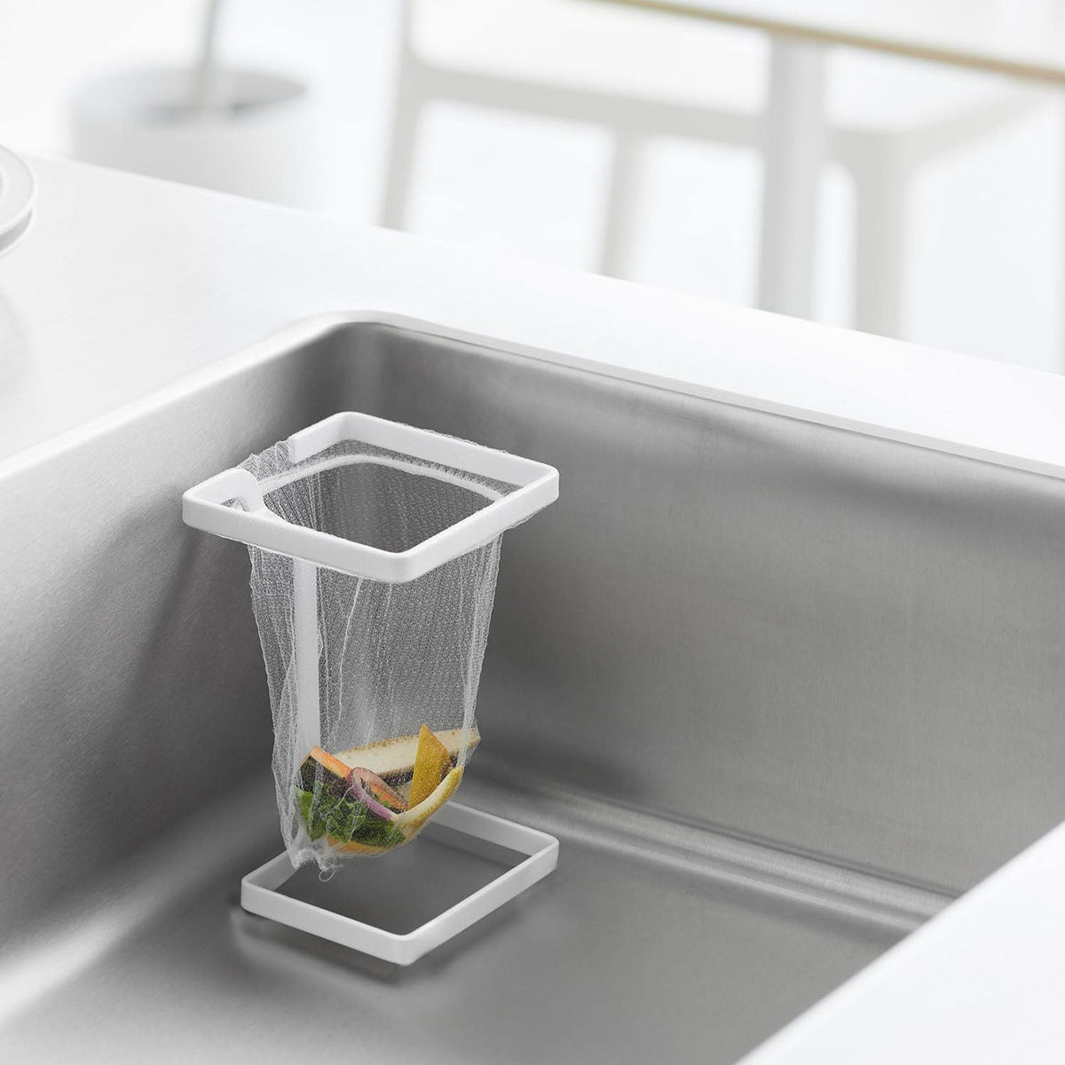 Yamazaki Tower Corner Net Holder, Square, Compact Square Frame for a Sink Corner that Holds a Drain Net You Hook On, Four Cushions Included, Easy to Clean, 9.5 x 9.5 x 15.2 cm and 170 g, White or Black