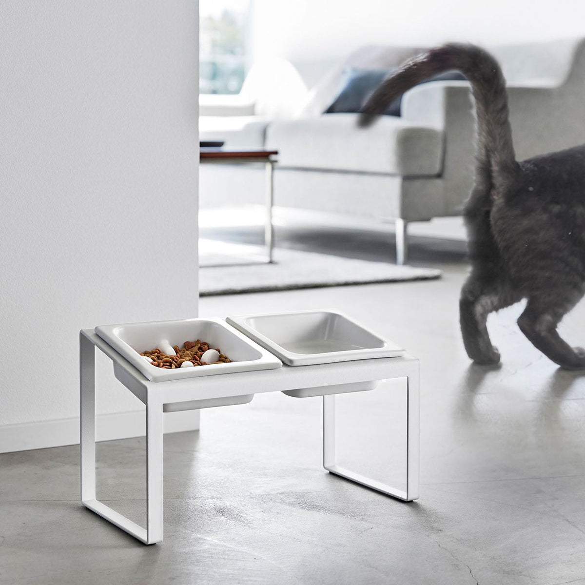Yamazaki Nooks Slanted Slow-Feeder Pet Bowl Stand Set Nooks H17.6, Tall Slanted Stand With Two Ceramic Bowls, One Bumped to Slow Fast Eaters, Easy on Tall Pets, Plain Bowl 200 mL and Slow Bowl 180 mL, 29 x 15.5 x 17.6 cm and 1600 g, White or Black