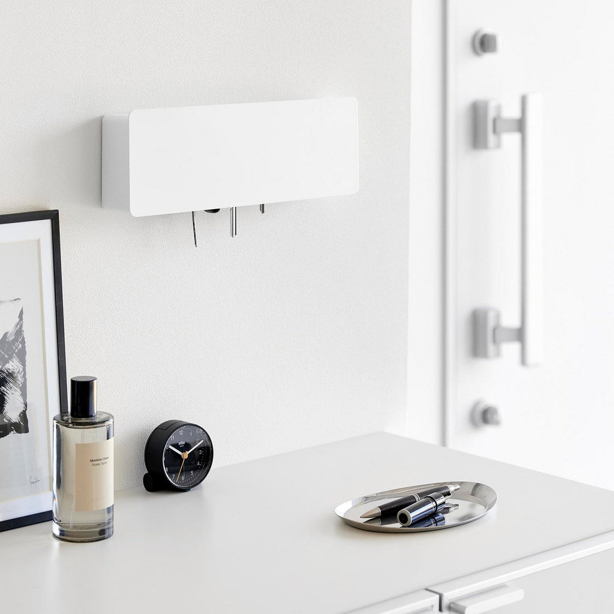 Yamazaki Tower Wall-Mounted Key Holder, Long, Long Wall Box with a Door that Hides Keys and Holds Eight Hooks, 33 x 5.3 x 11 cm and 950 g, White or Black