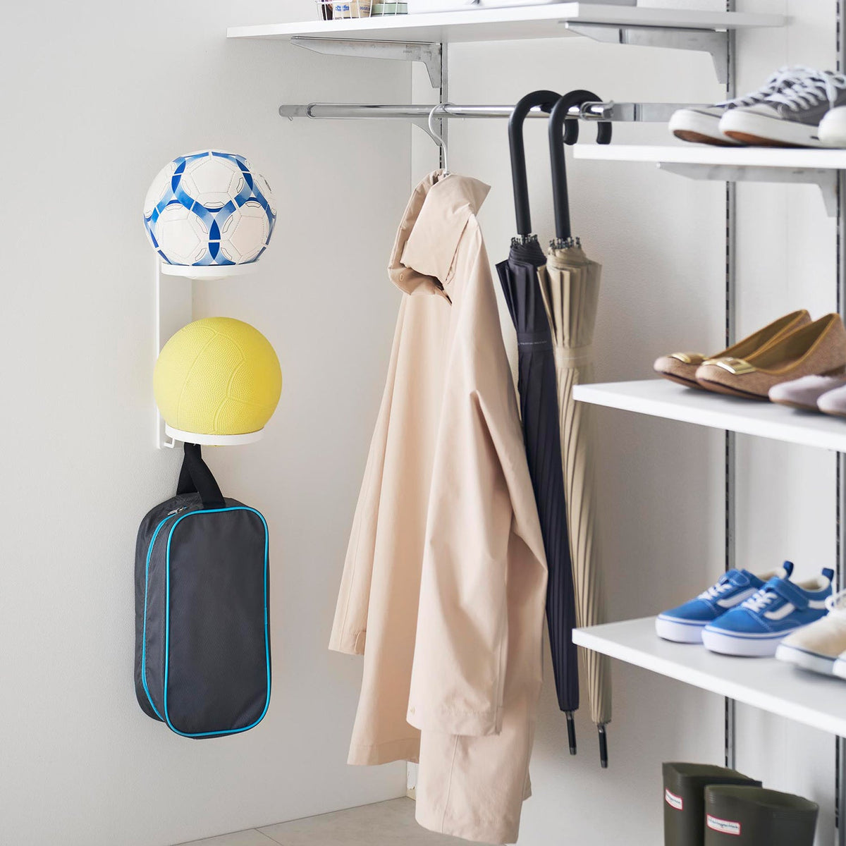 Yamazaki Tower Wall-Mounted Ball Storage, Two Tiers, Wall Rack with Two Rings that Holds Balls Off the Floor, Fixed with Pins or Screws, 15 x 21 x 35 cm and 565 g, White or Black